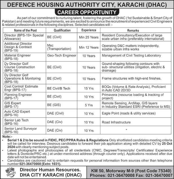 Defence Housing Authority DHA Karachi Jobs 