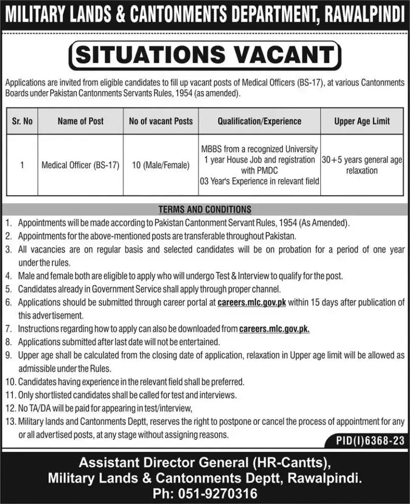 military lands and cantonments department jobs 