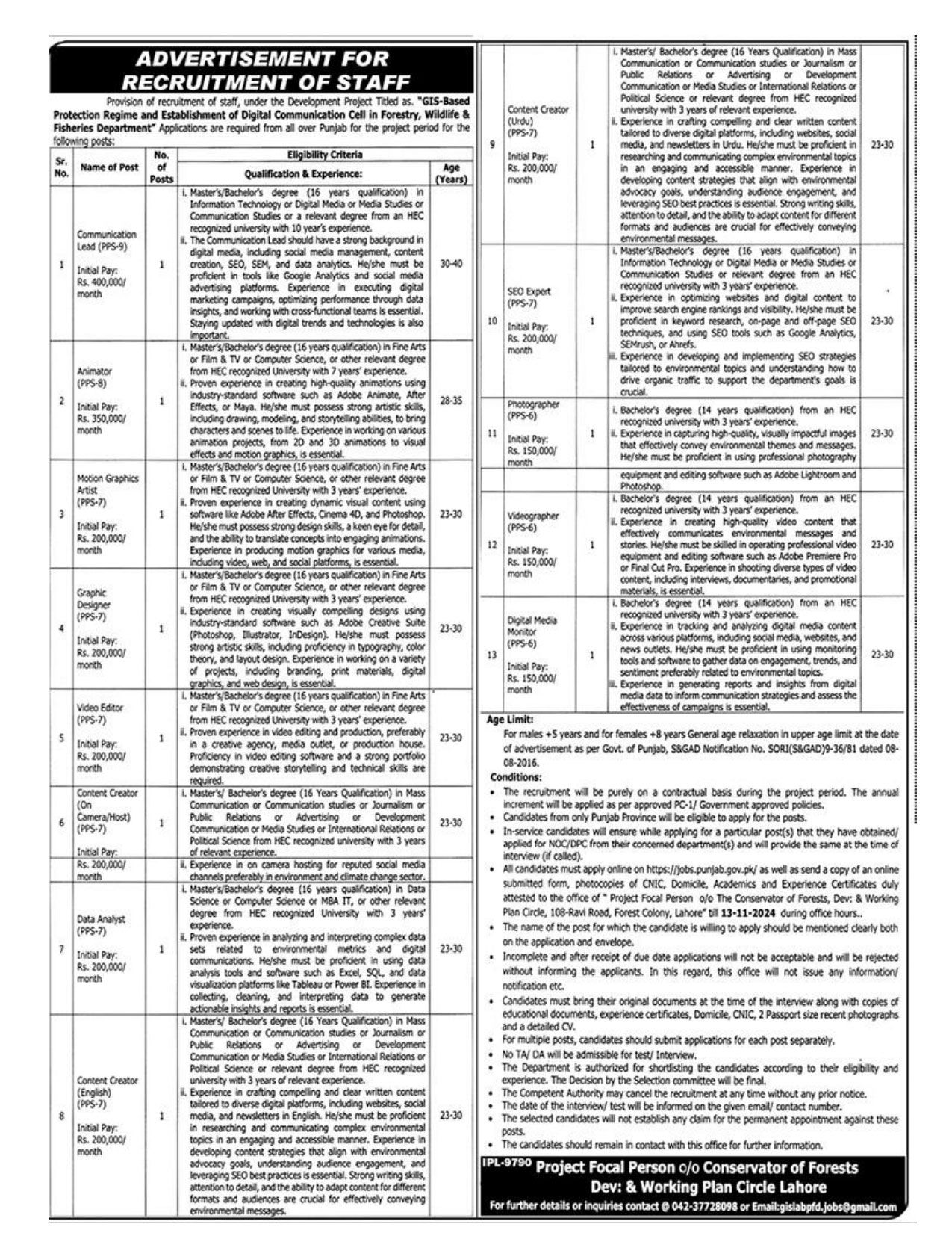 punjab wildlife and parks department jobs